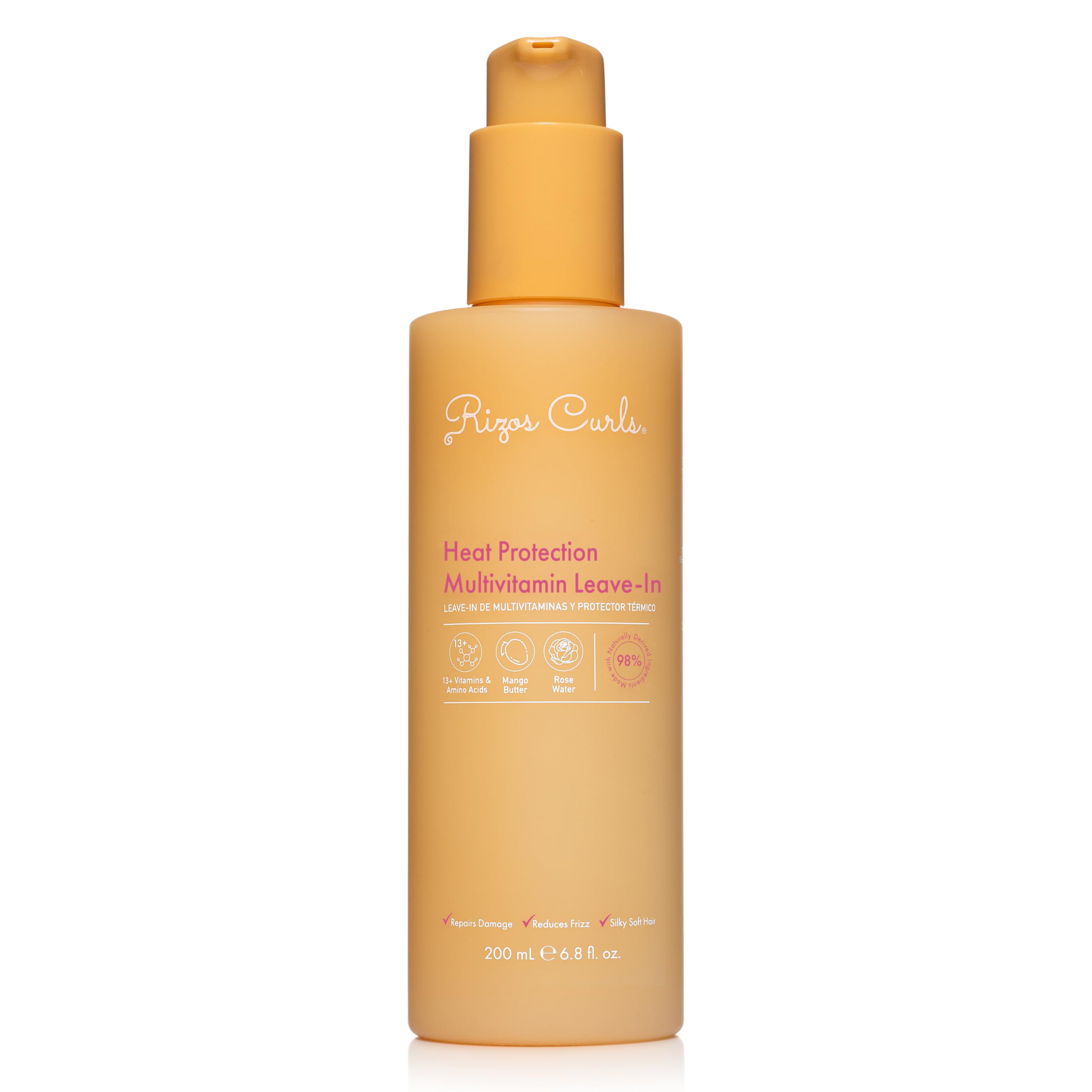 Rizos Curls Multivitamin Leave-In bottle pour for easy heat protection up to 450°F.