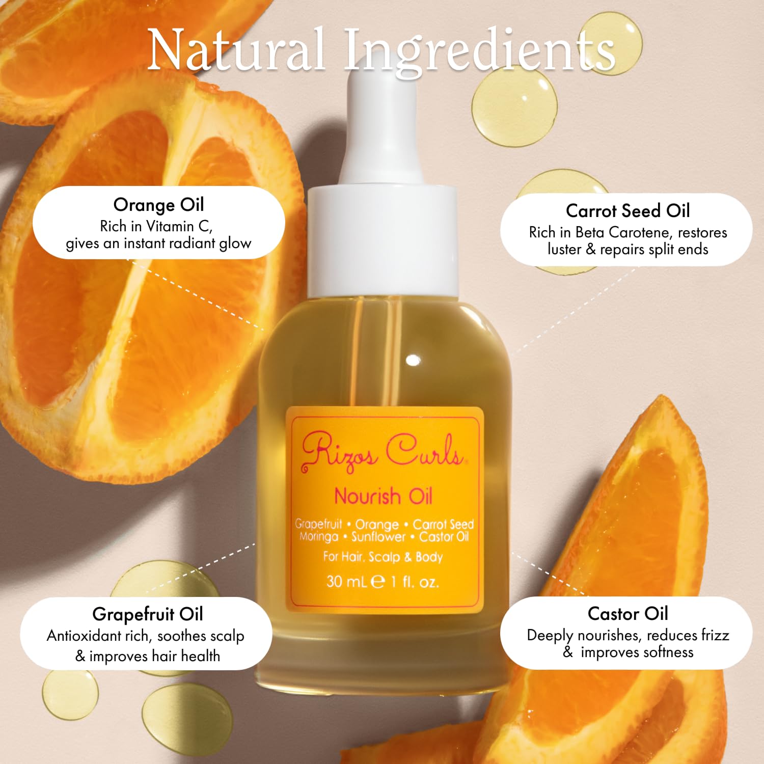 Rizos Curls Nourish Oil being applied for frizz control and smoothness.