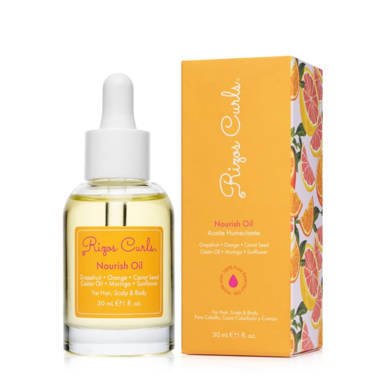 Rizos Curls Nourish Oil bottle promotes shine and hydration for all hair types.