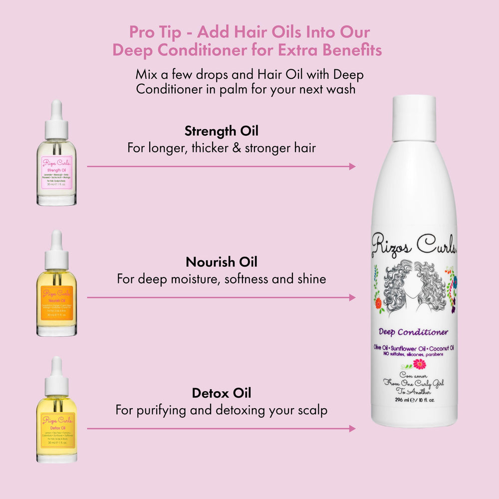 Hair shows a glossy finish after Rizos Curls Nourish Oil.