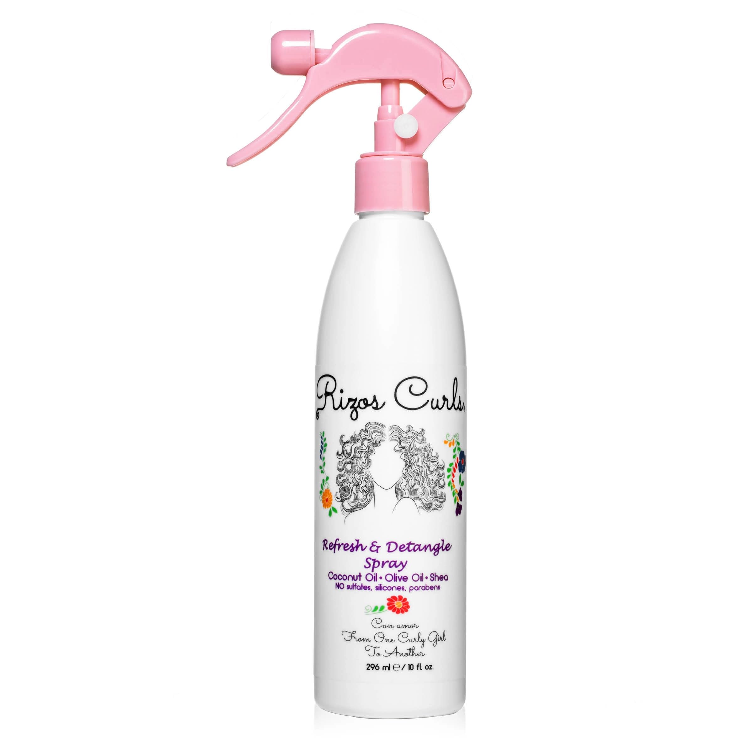 Rizos Curls Refresh & Detangle Spray bottle with lightweight hydration for curls.
