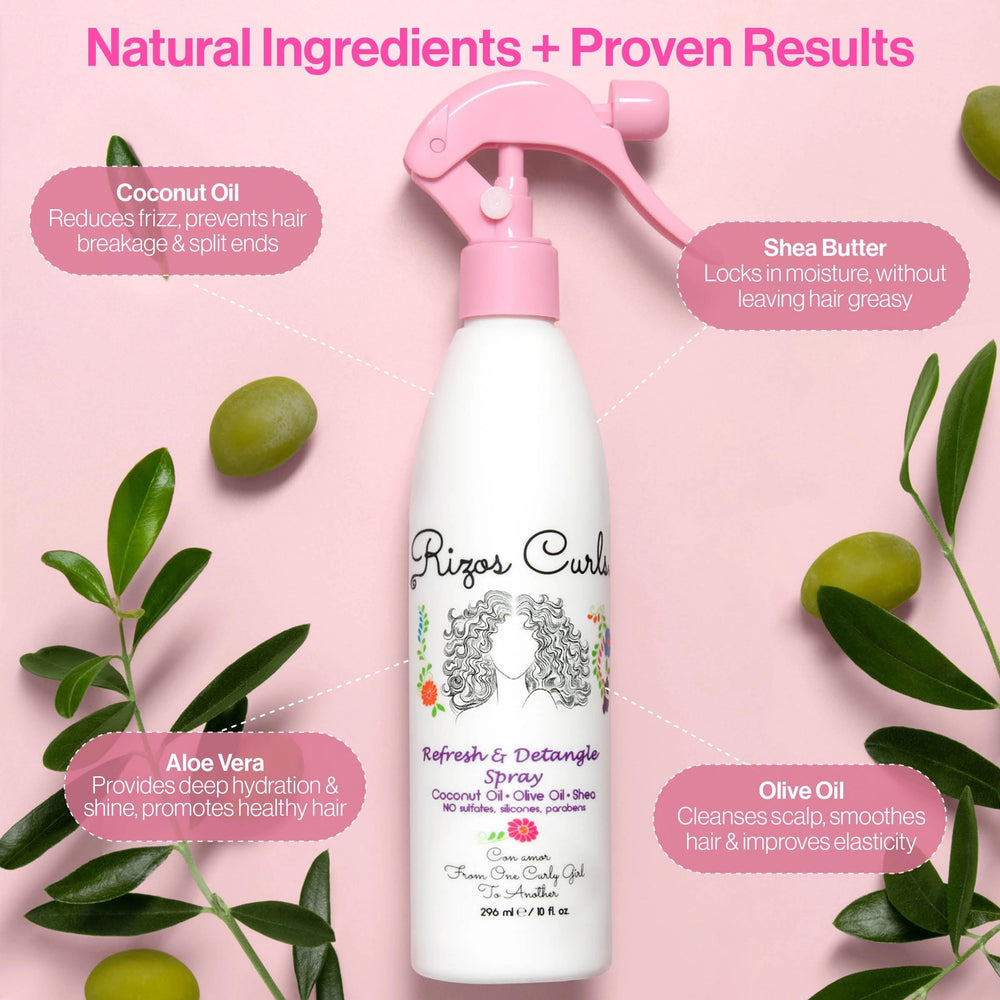 Rizos Curls Refresh & Detangle Spray being misted for curl refresh.