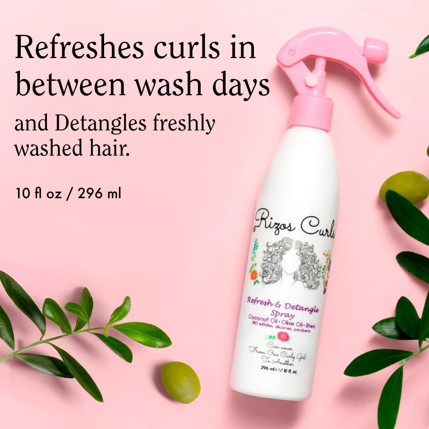 Rizos Curls spray highlights coconut oil hydration for shine and frizz control.