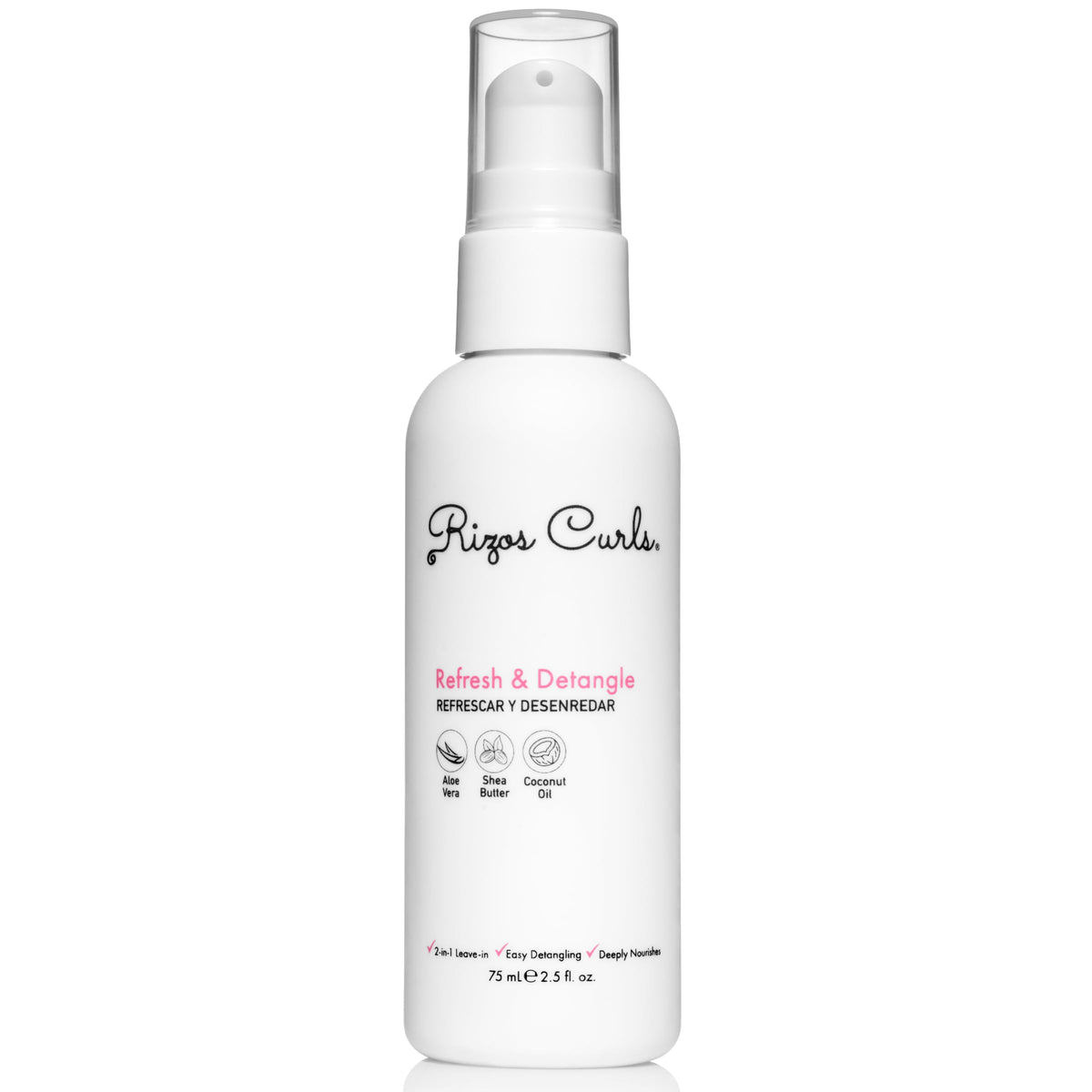 Rizos Curls Travel Refresh & Detangle Spray bottle in use, detangling for refreshed curls.