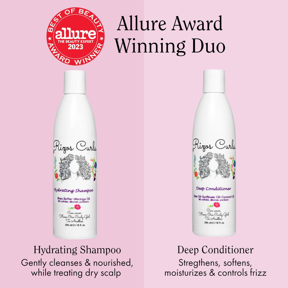 Rizos Curls Deep Conditioner tube application showing nourishing slip for detangling.