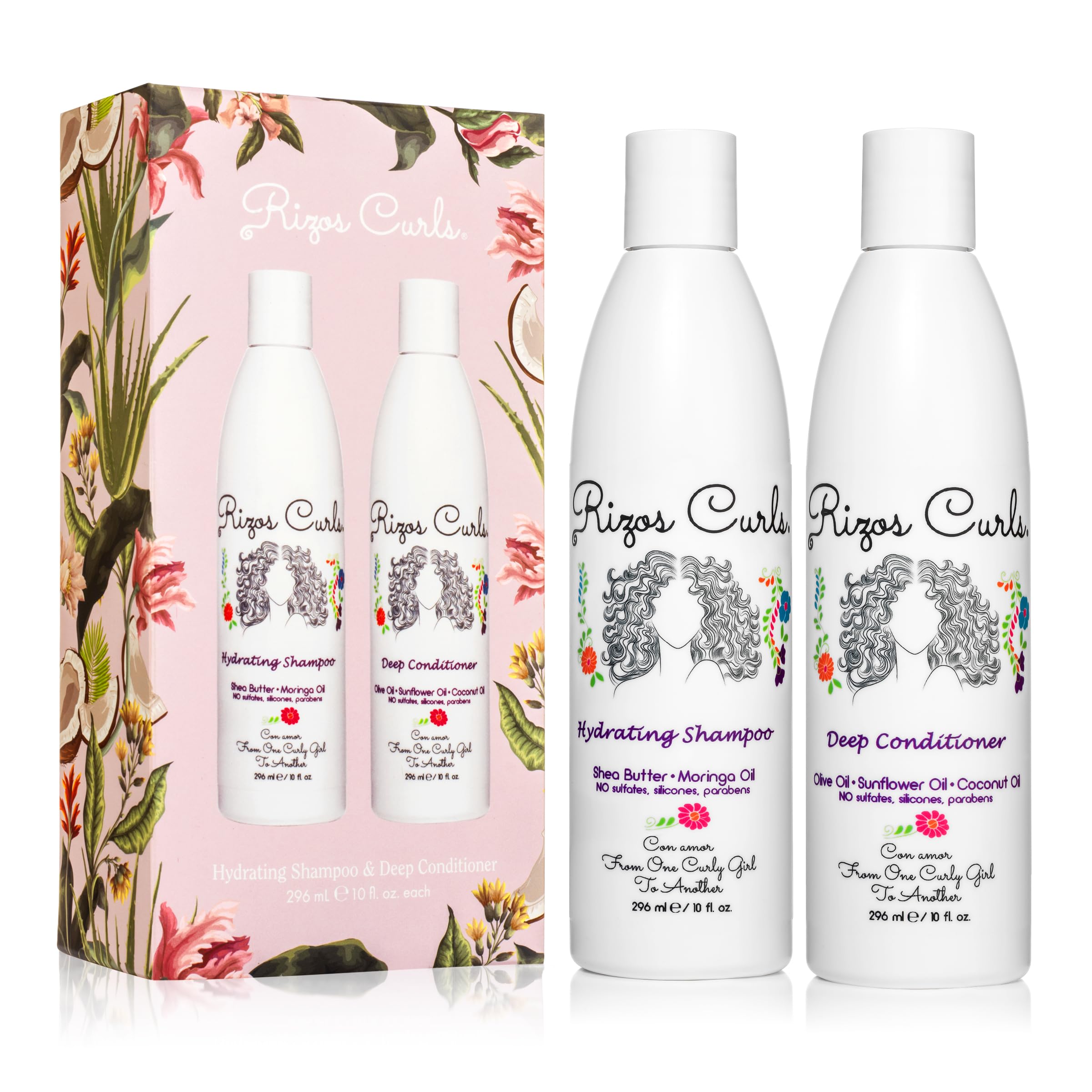 Rizos Curls Hydrating Shampoo bottle pour highlights gentle cleansing and shine.