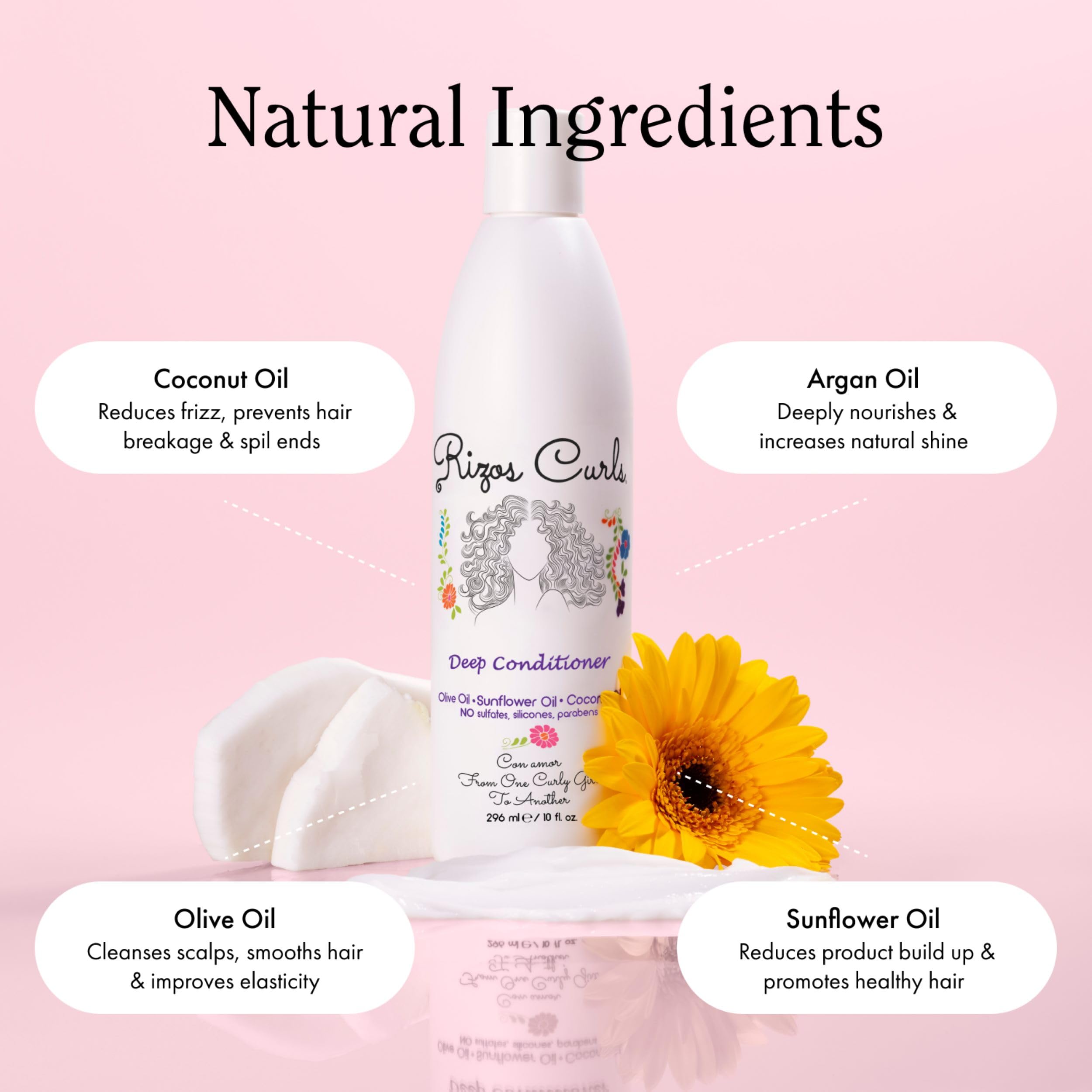 Rizos Curls sulfate-free label emphasizes safe formula for sensitive hair.