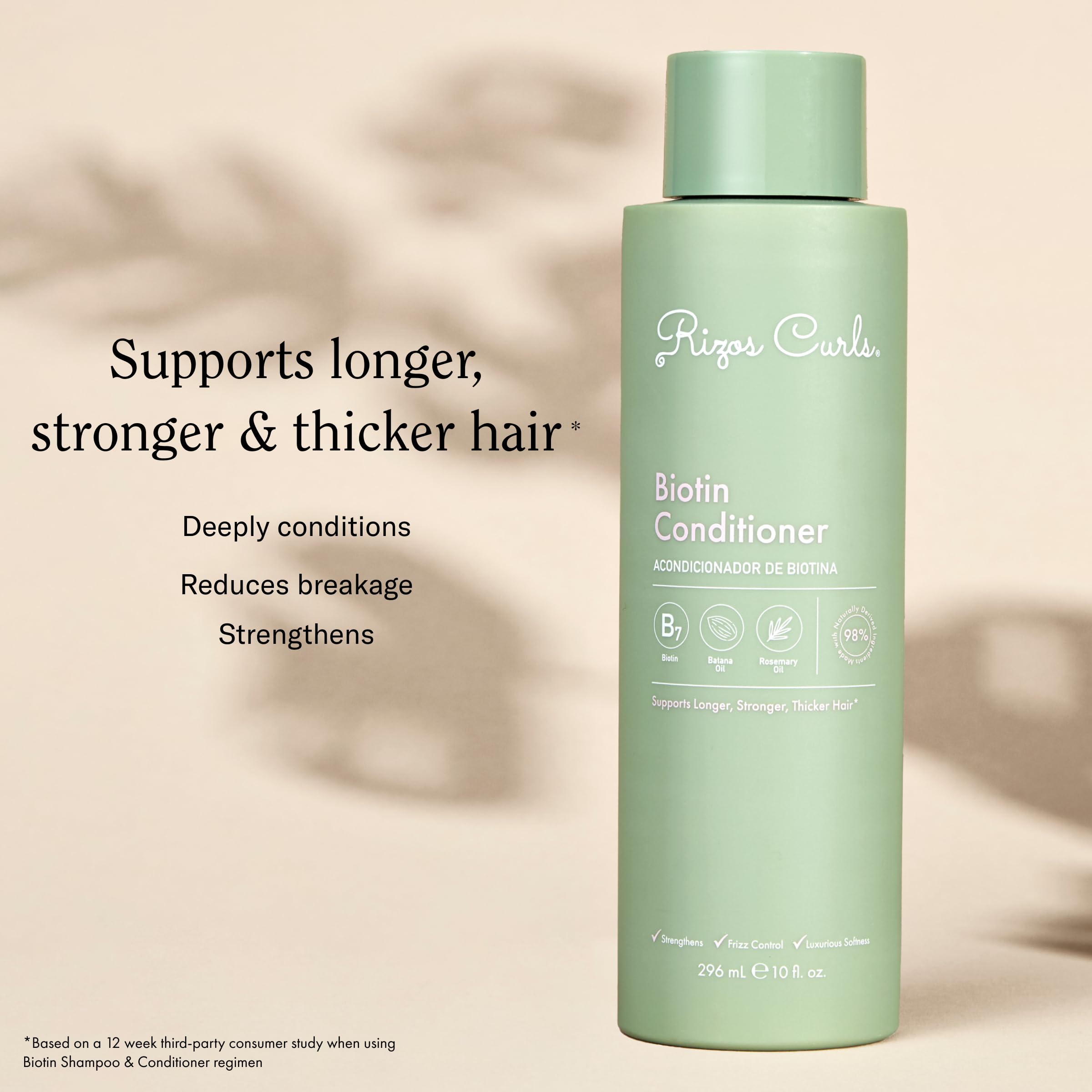 Rizos Curls Biotin Conditioner applied on wet hair for detangling and smoother strands