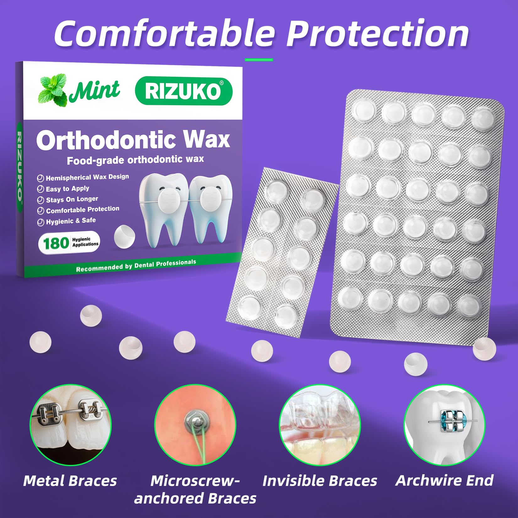 RIZUKO mint-flavor orthodontic wax wraps for hygienic braces protection.