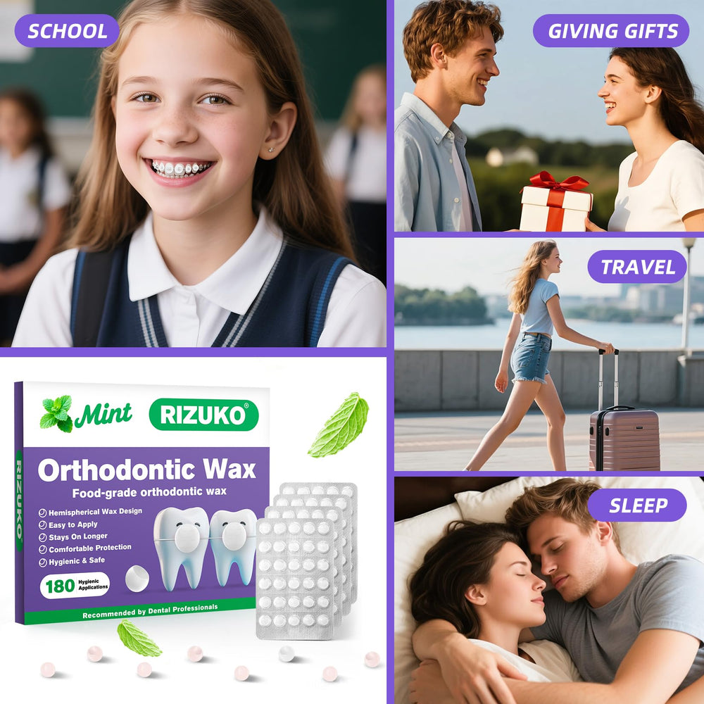 RIZUKO travel-pack orthodontic wax dots for on-the-go relief and portability.