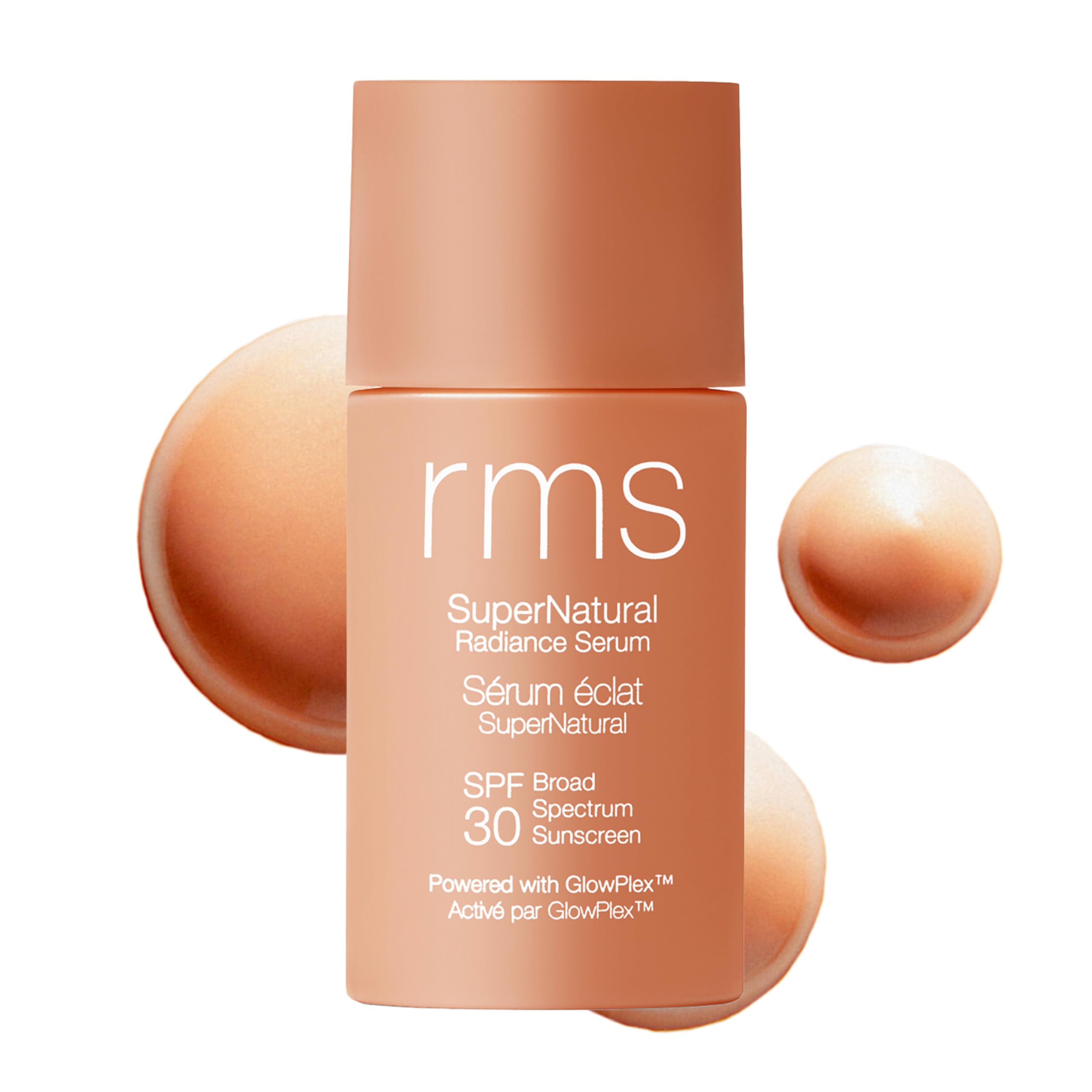 RMS Beauty SuperNatural Radiant Serum SPF 30 bottle shows tinted glow for daily radiance.