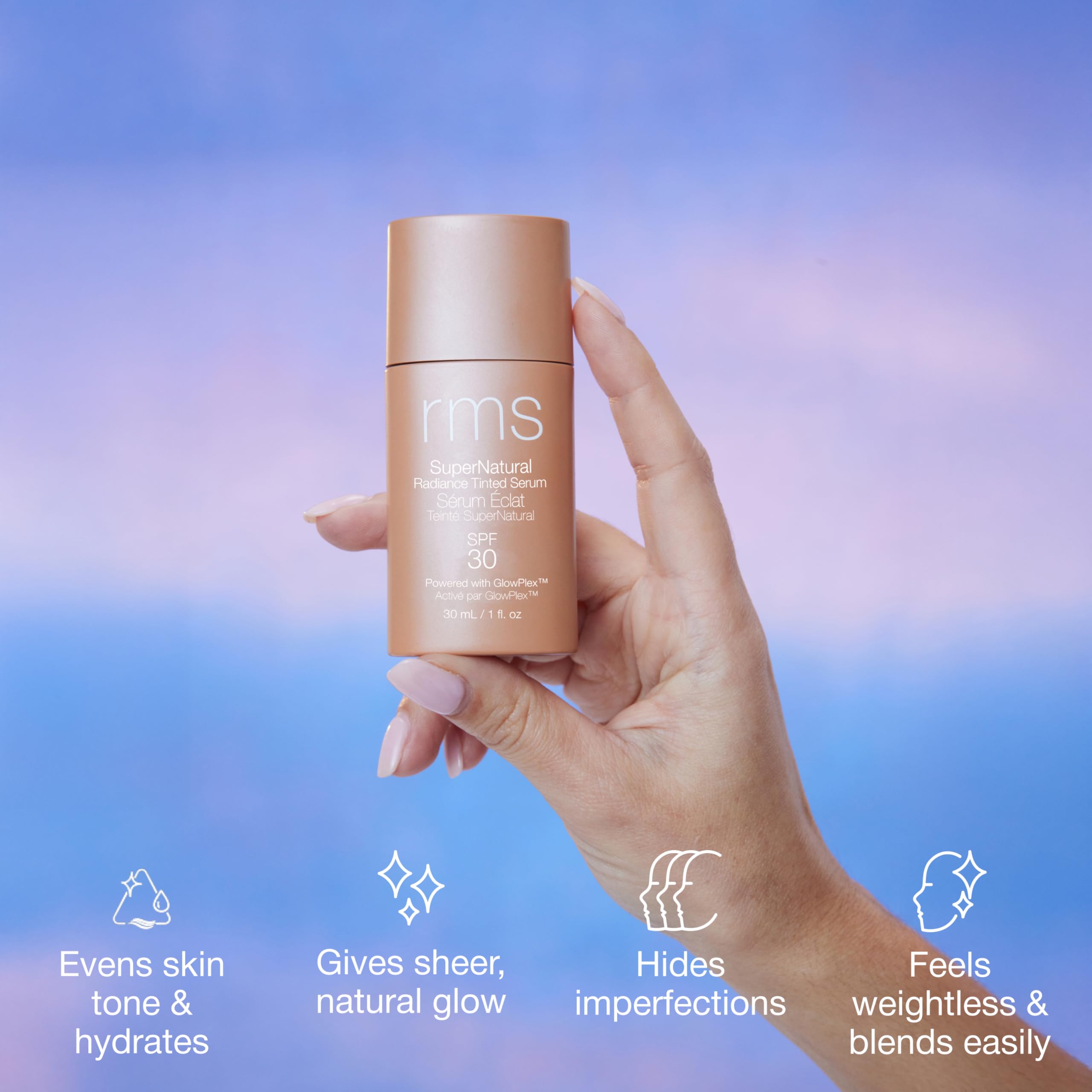 RMS Beauty SuperNatural Radiant Serum SPF 30 close-up texture shows smooth finish.