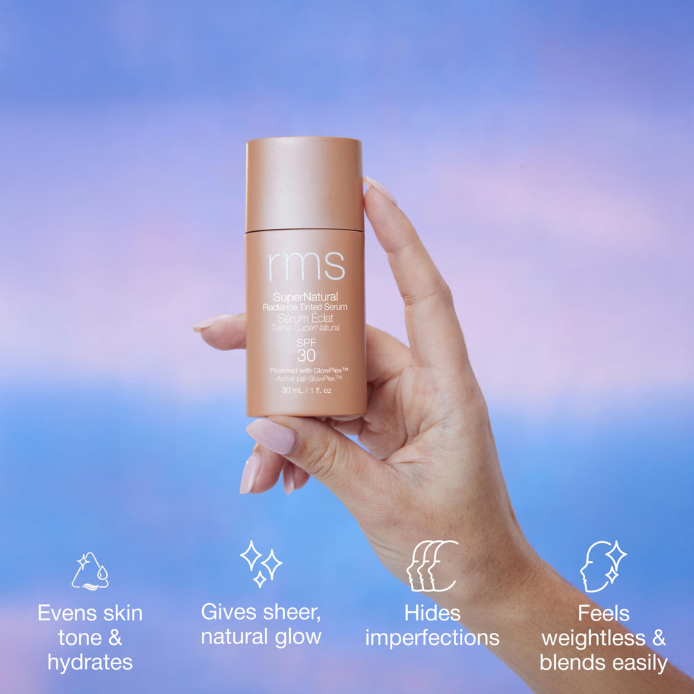RMS Beauty SuperNatural Radiant Serum SPF 30 close-up texture shows smooth finish.