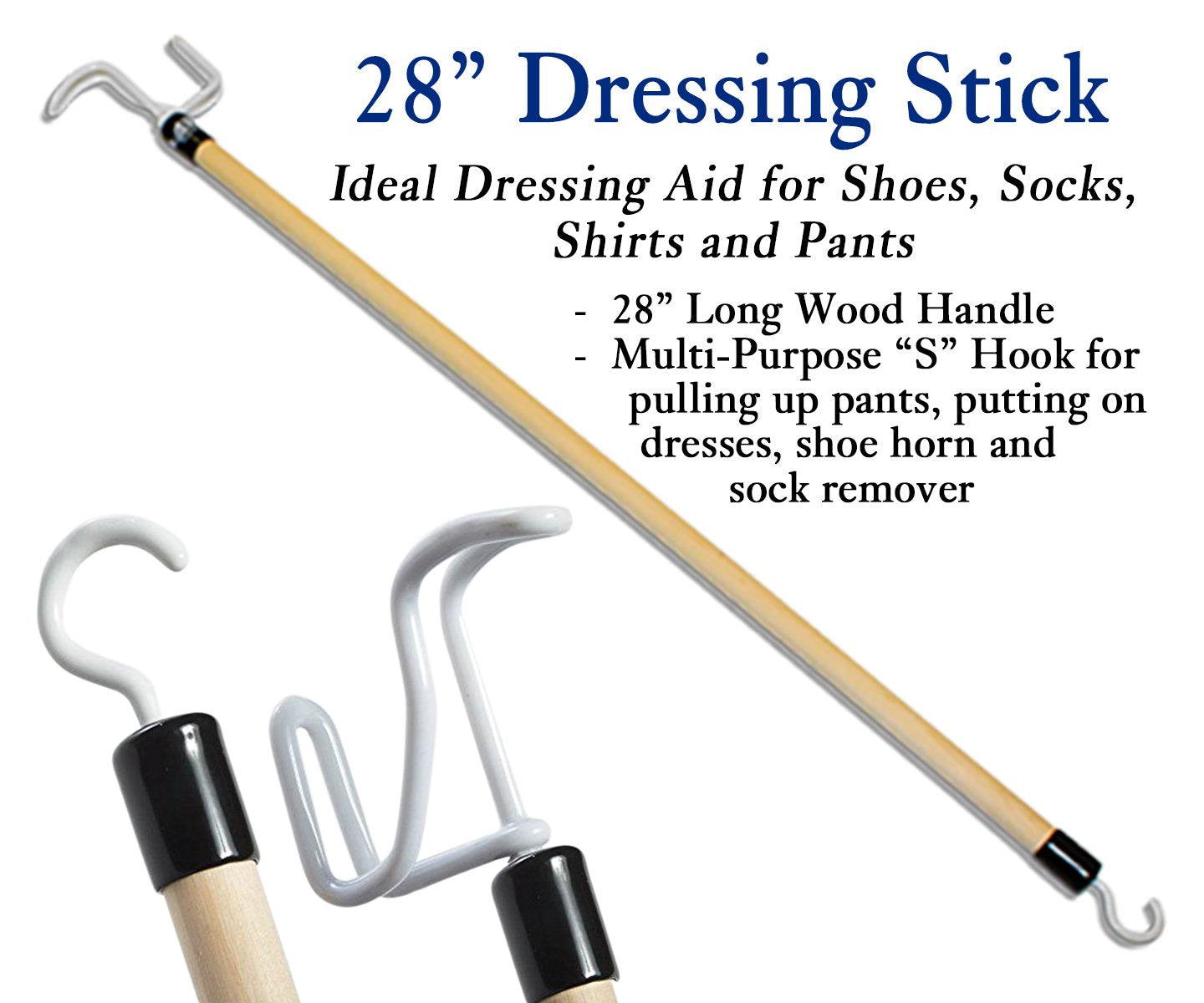 Dressing stick from RMS kit aiding clothing, zippers, and laces