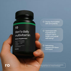 Ro Daily Multivitamin for Men bottle label highlights 23 nutrients for men's health.