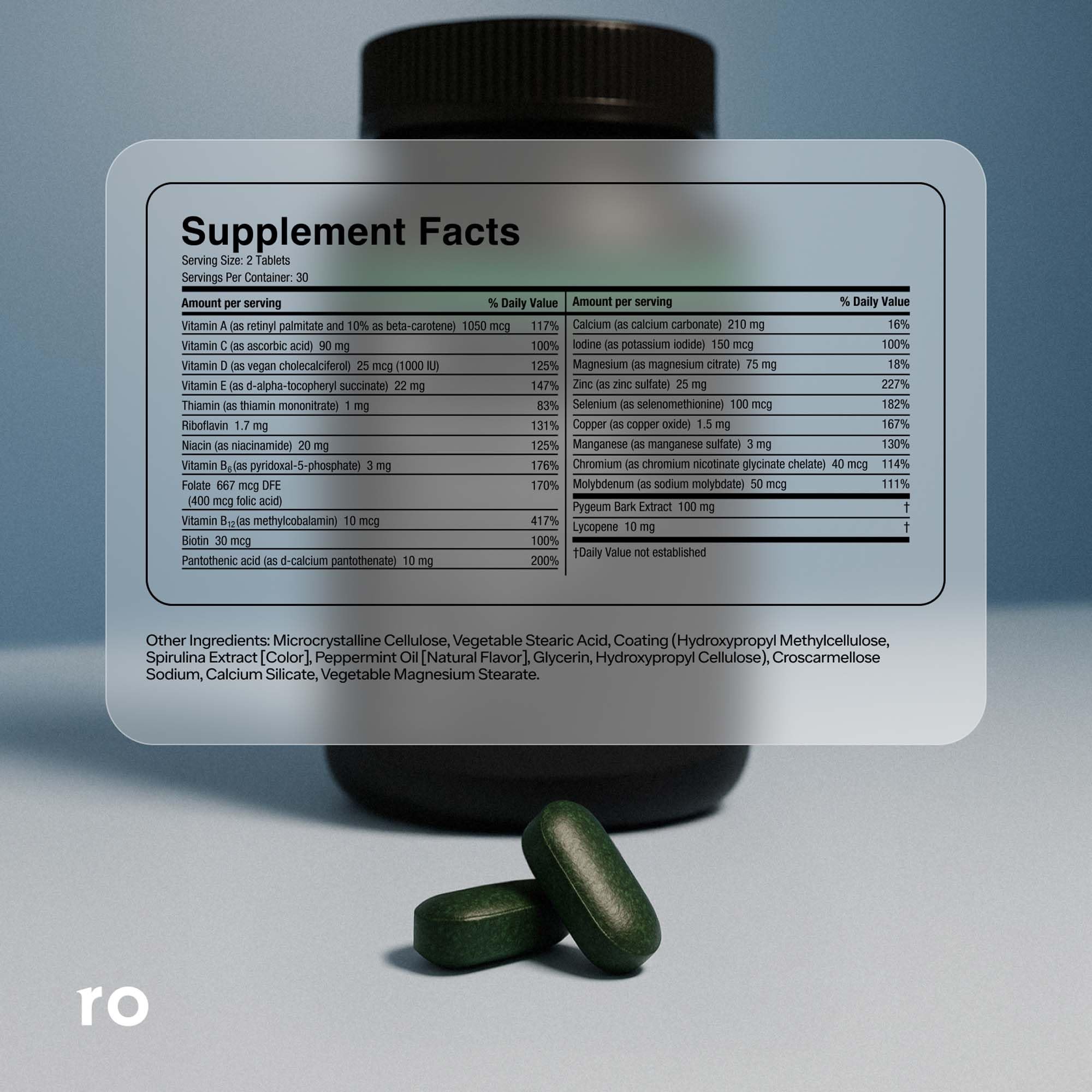 Ro Daily Multivitamin for Men packaging box displayed beside daily use details.