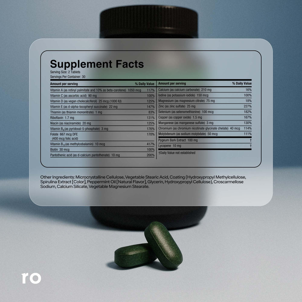 Ro Daily Multivitamin for Men packaging box displayed beside daily use details.
