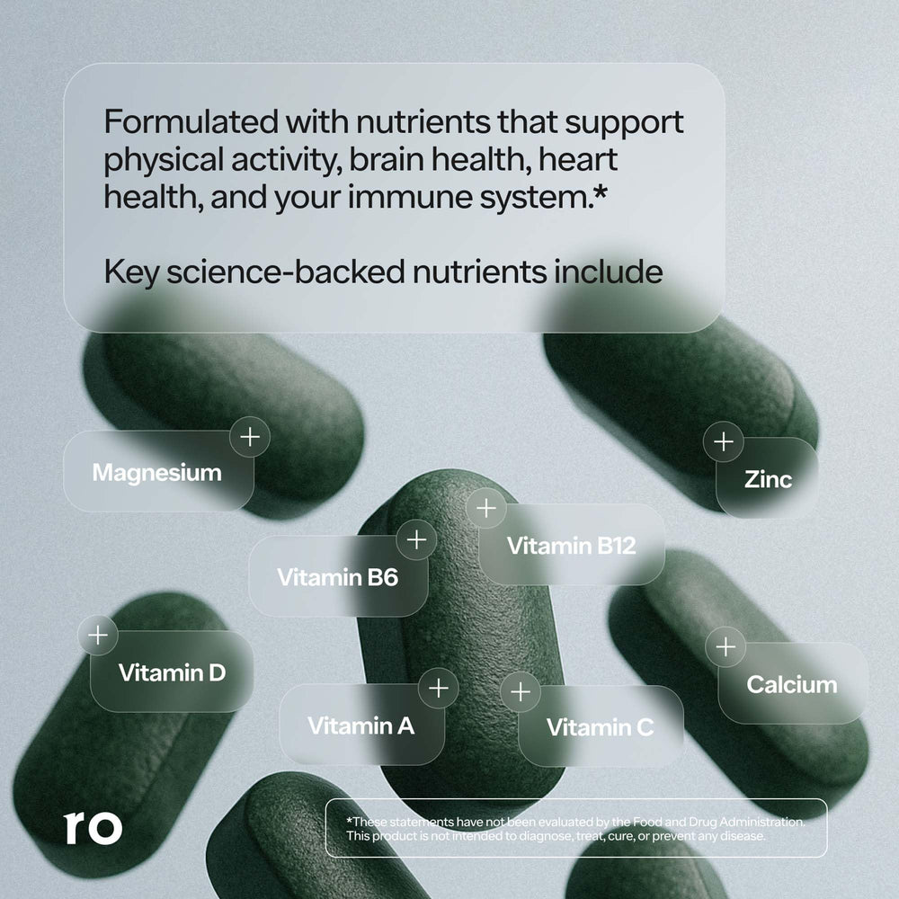 Ro Daily Multivitamin for Men tablets close-up with peppermint flavor for daily energy.