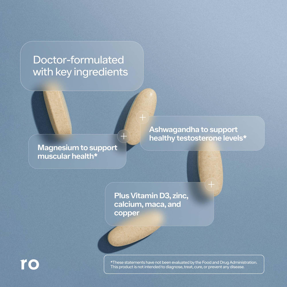 Ro Testosterone Support label shows Vitamin D3 and zinc details.