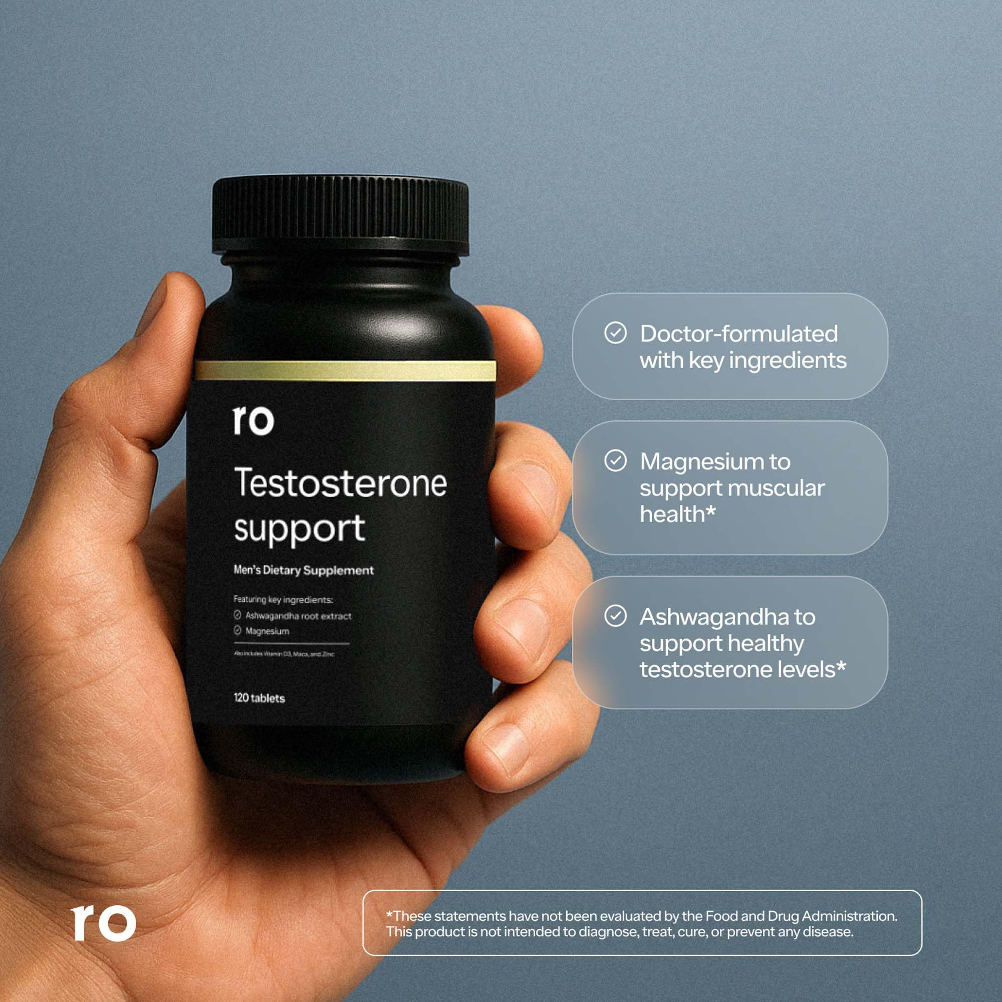 Ro Testosterone Support tablets closeup, highlighting magnesium and minerals for muscular health.