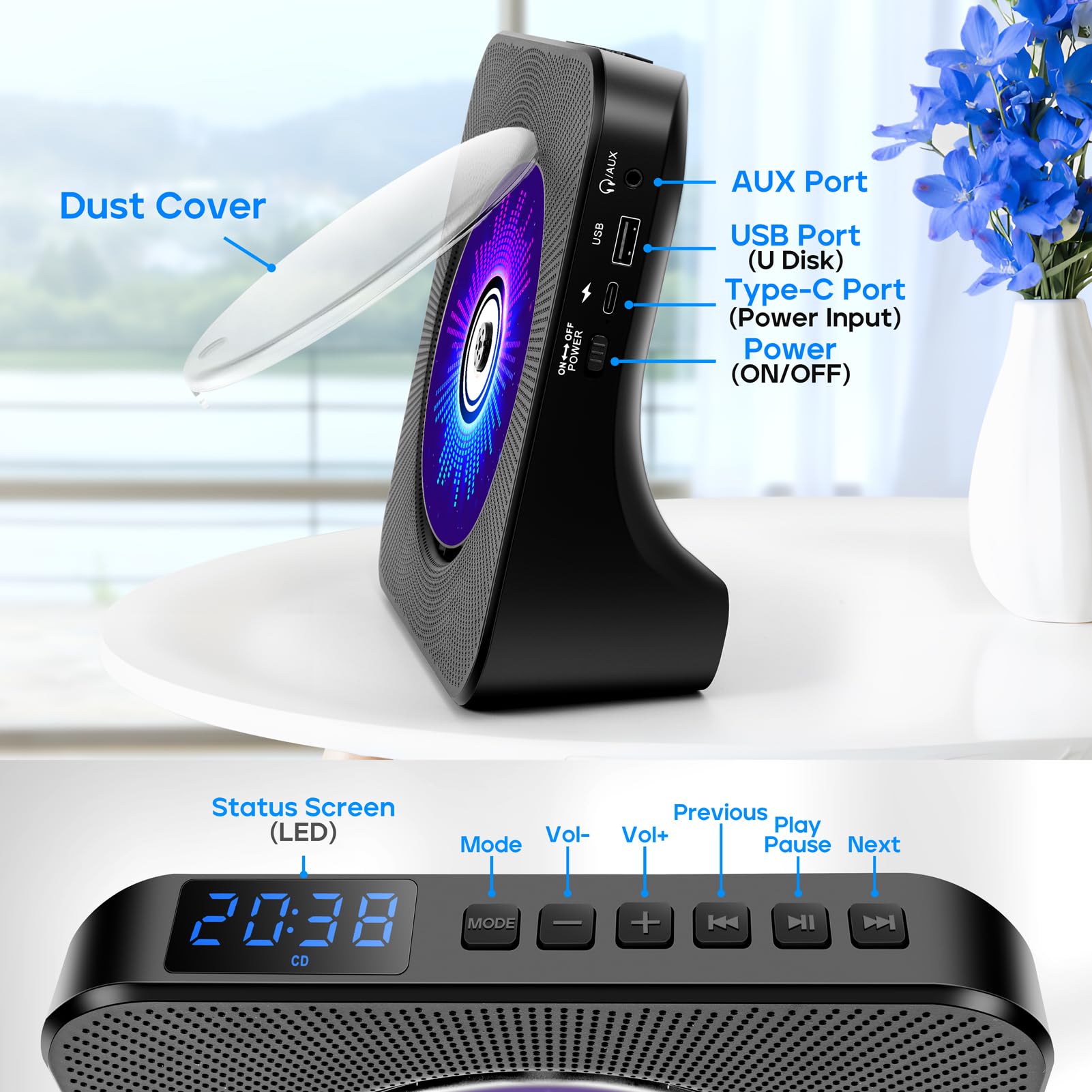 ROADOM remote control for quick, convenient operation of the player.
