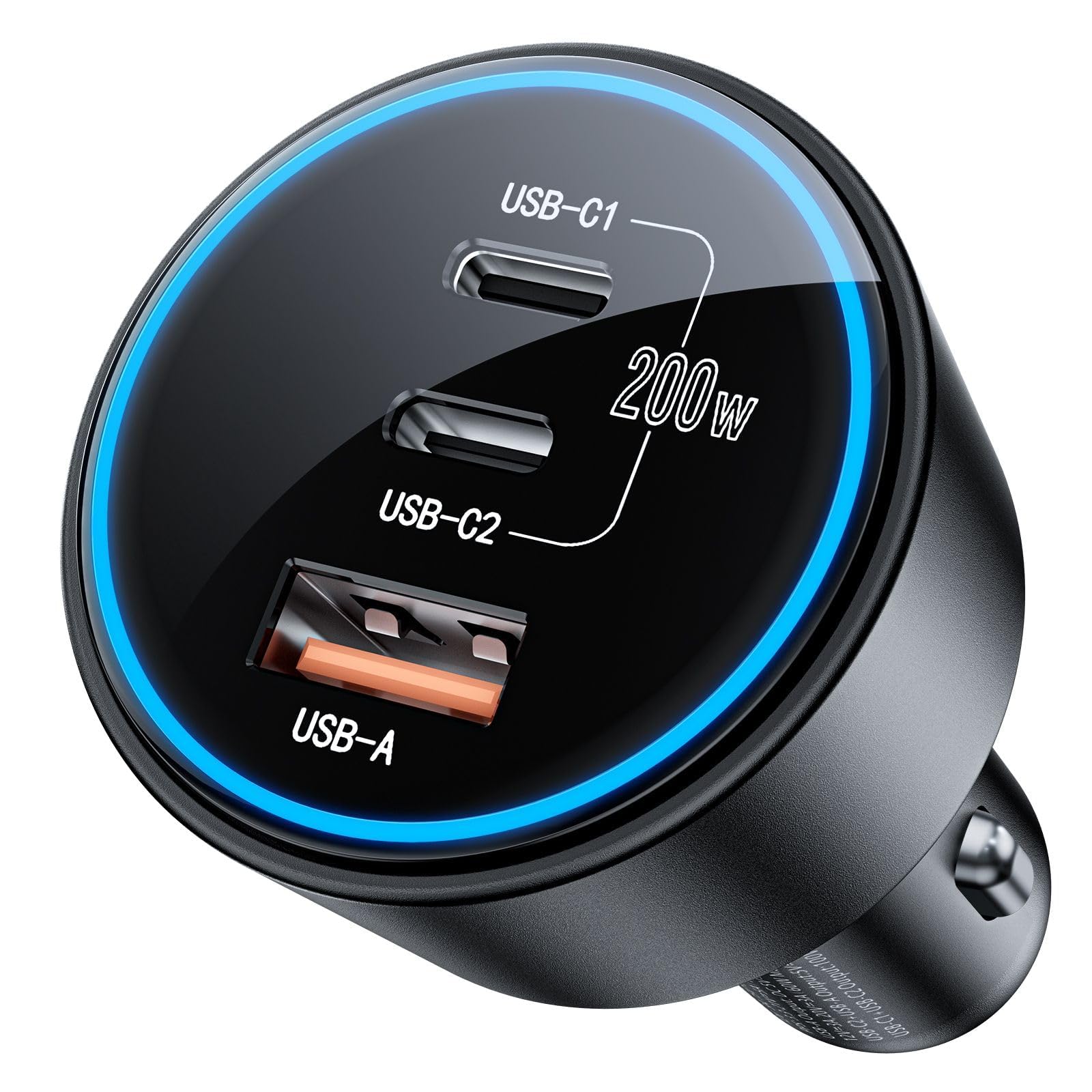ROADRESS USB C car charger 200W front view powering three devices on the road