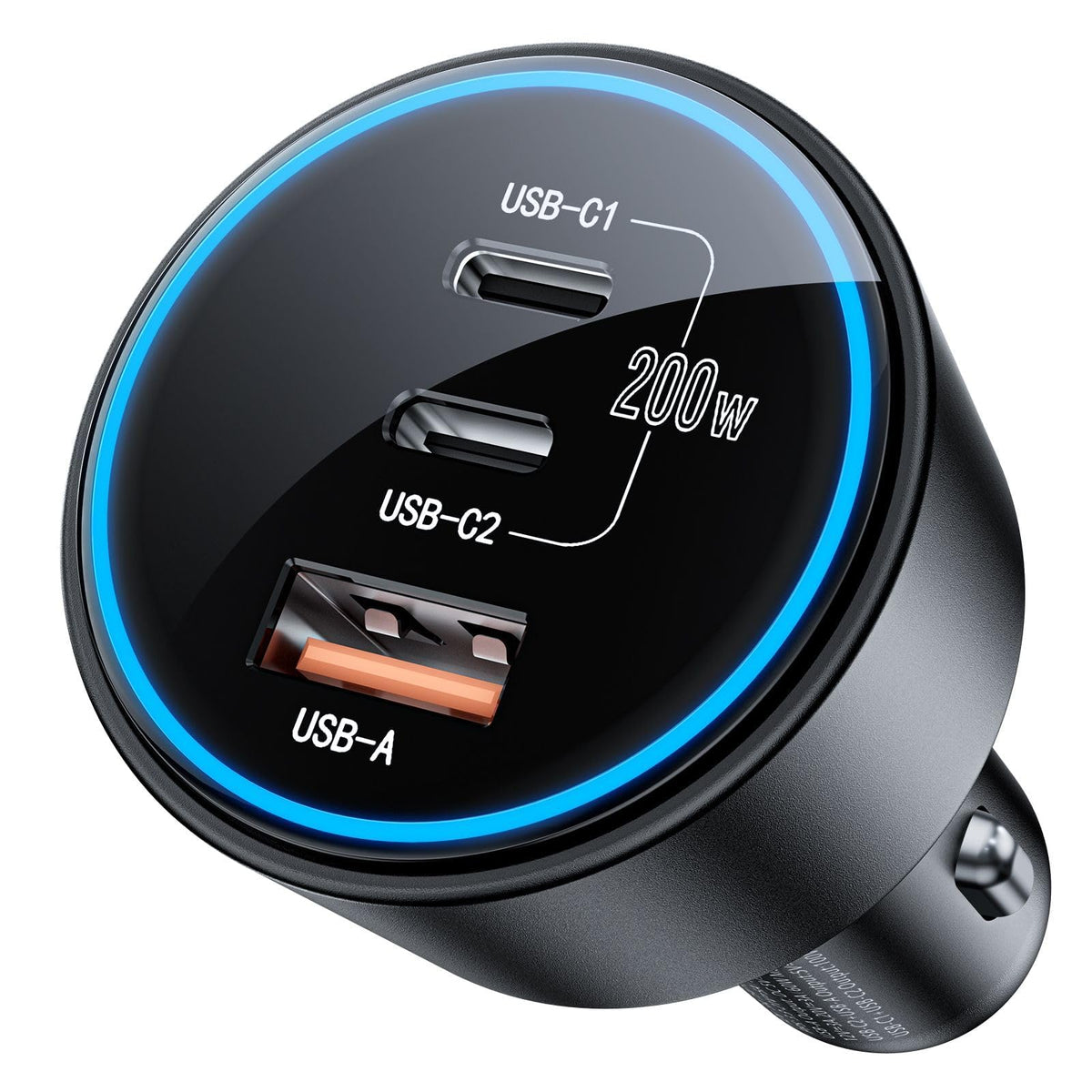 ROADRESS USB C car charger 200W front view powering three devices on the road