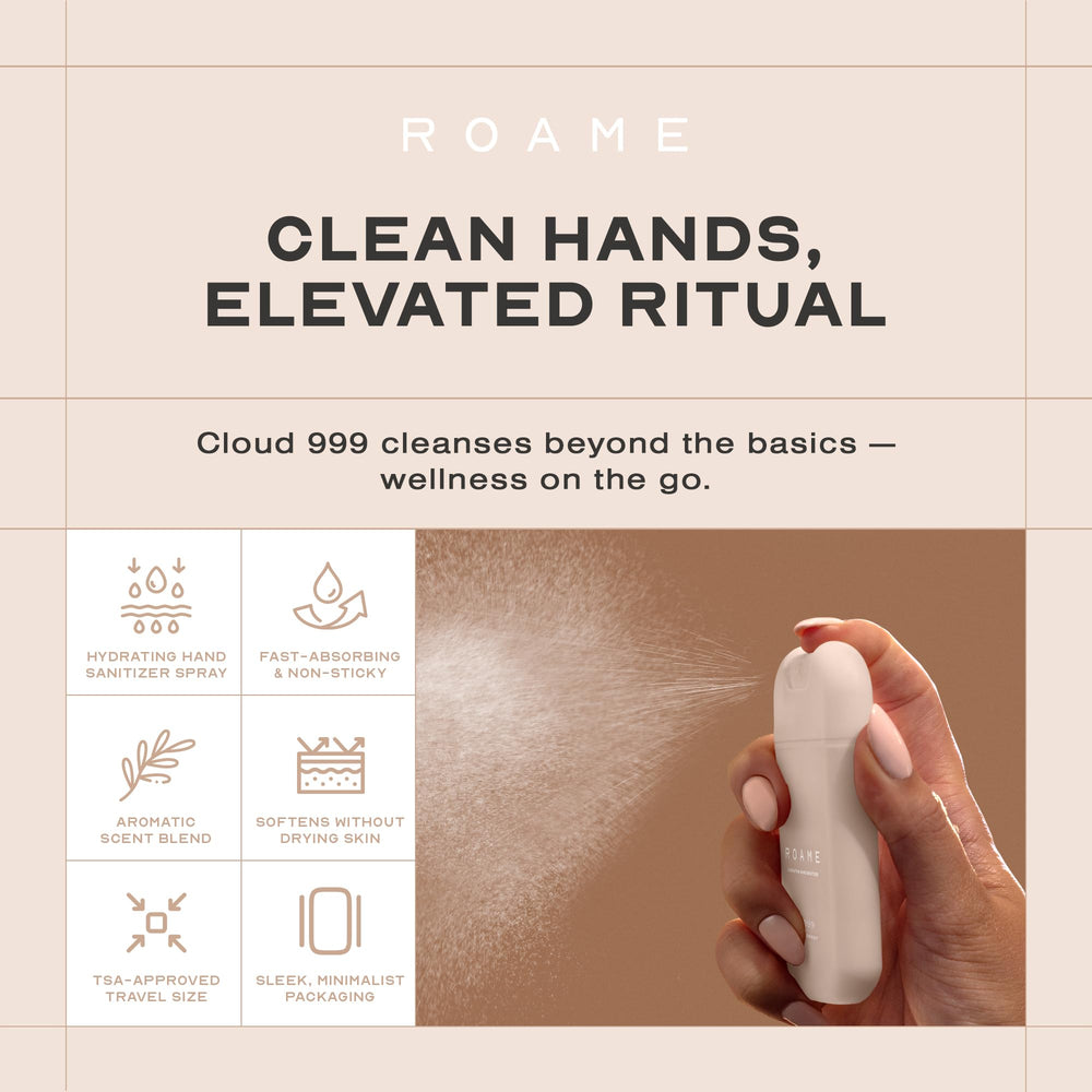 Roame Cloud 999 bottle front view showing compact TSA-friendly size.