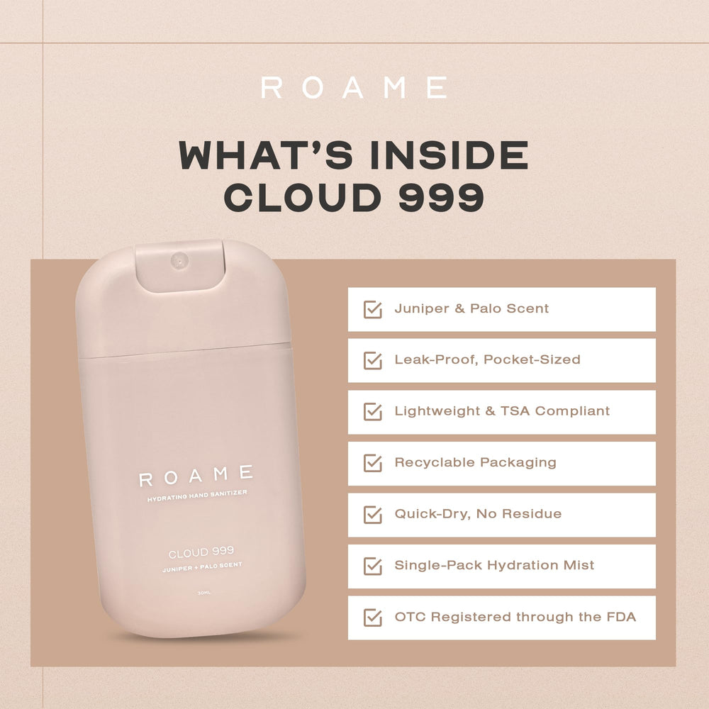 Roame Cloud 999 label close-up highlighting FDA-registered, moisturizing formula.
