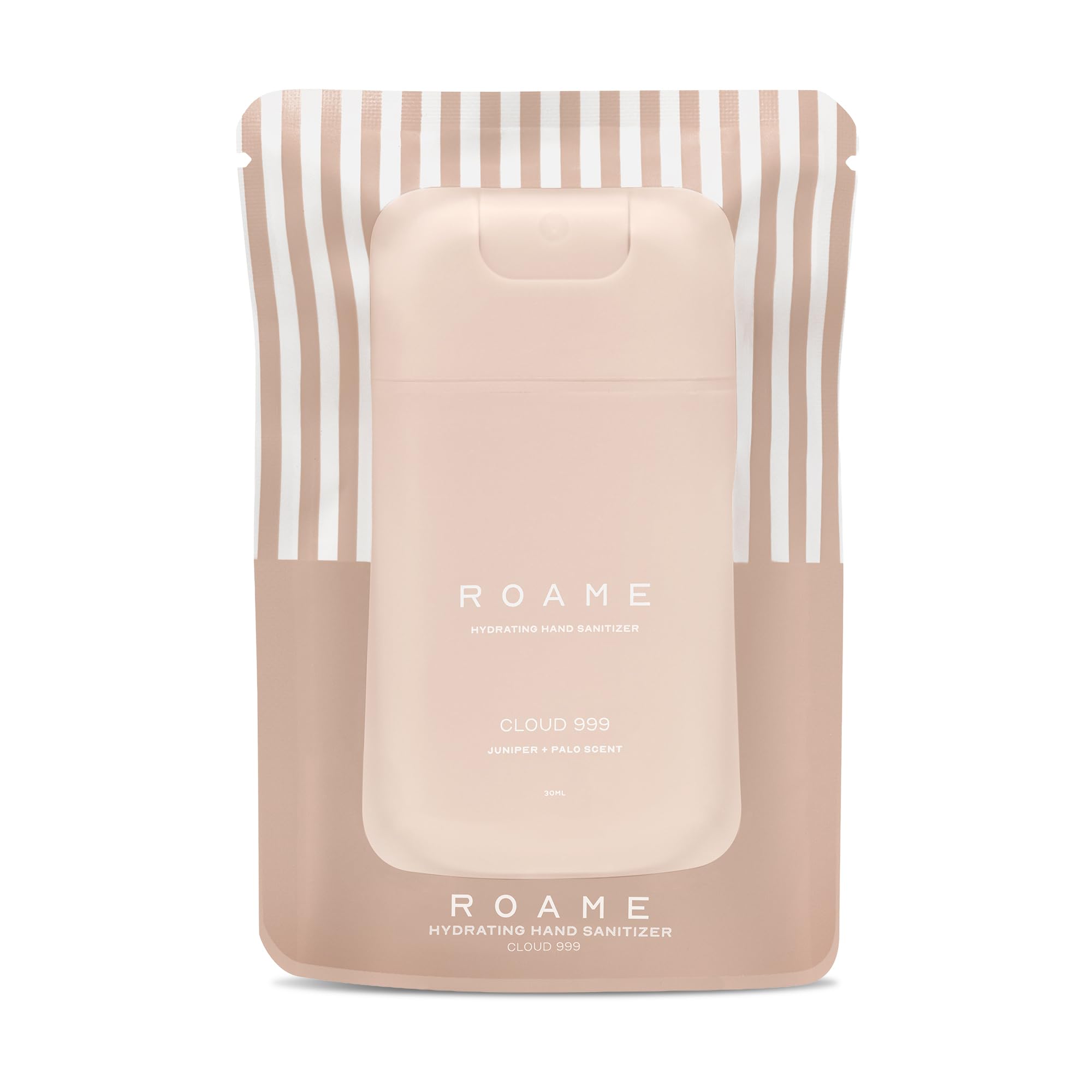 Roame Cloud 999 sanitizer spray bottle in hand for quick hygiene on the go.