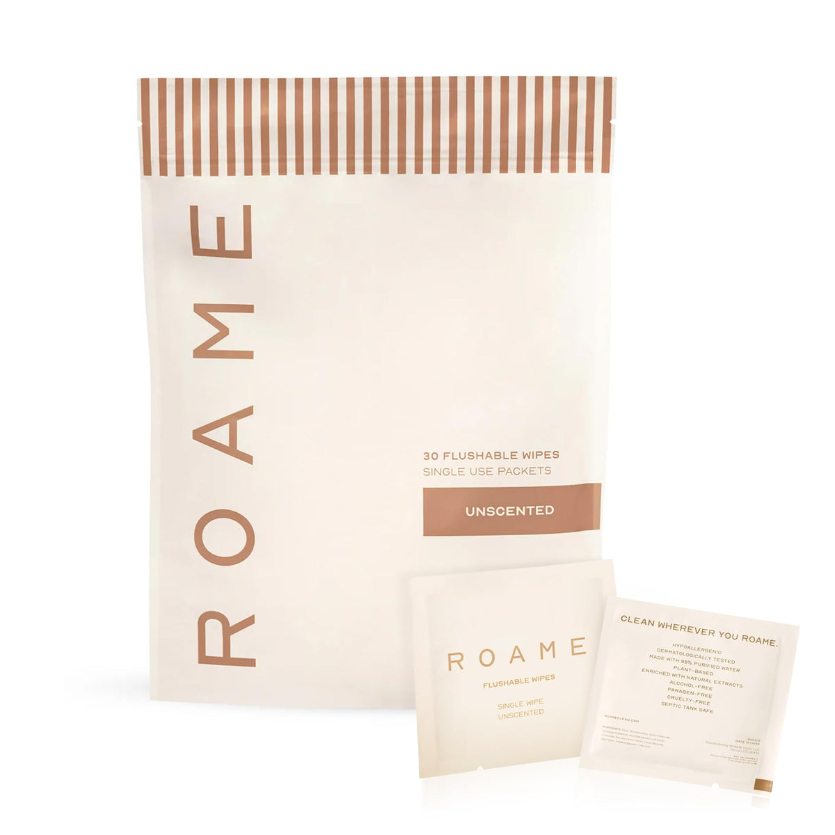 Roame packaging for 30 count flushable wipes, convenient for home or on the go