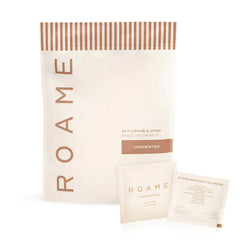 Roame packaging for 30 count flushable wipes, convenient for home or on the go