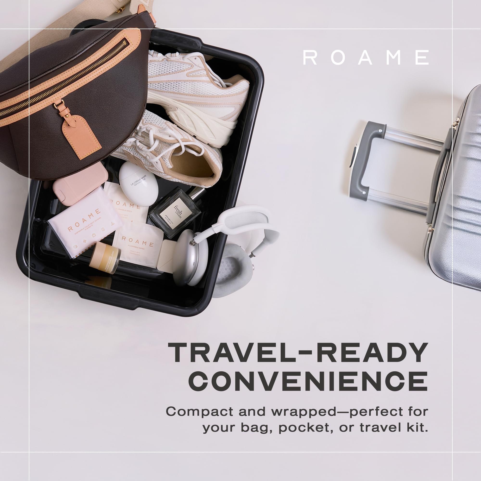 Roame travel pack with individually wrapped wipes for easy access