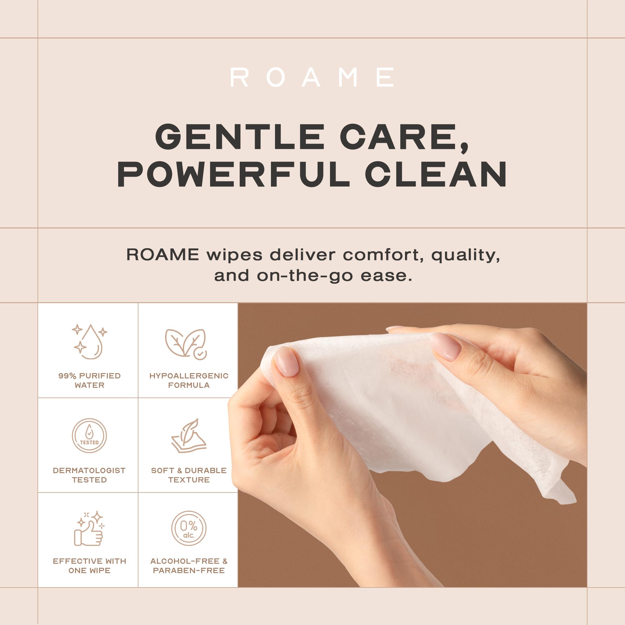 Roame unscented wipes close-up showing fragrance-free cleansing
