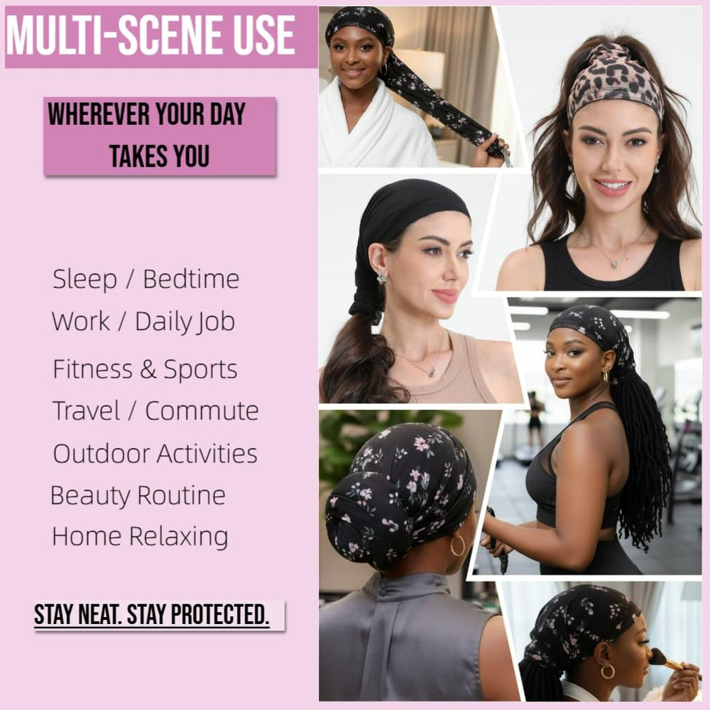 Roaming stretchy hair sleeve shown as versatile headband and wristband