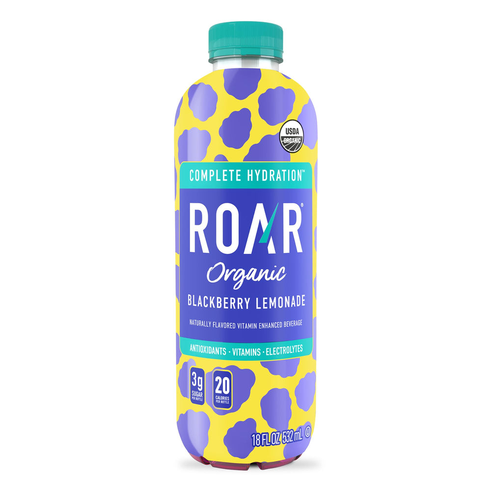 ROAR Blackberry Lemonade bottle pour showcases a flavorful hydration option.
