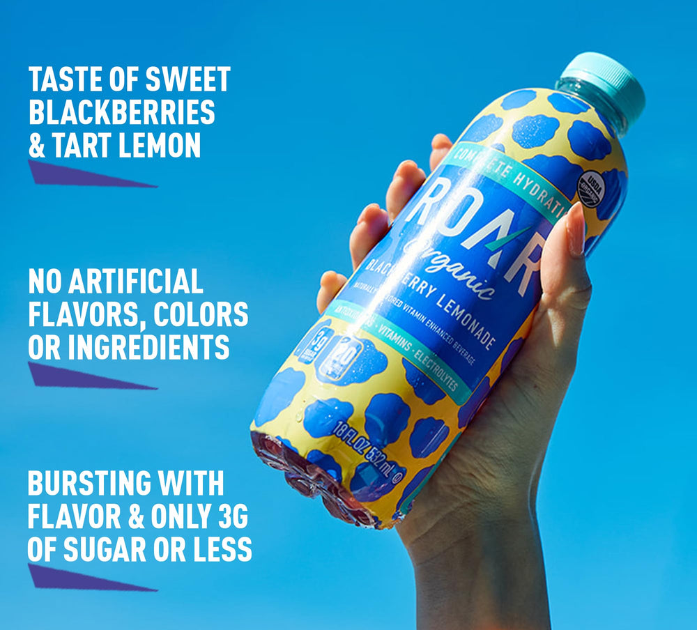 ROAR low-calorie, low-sugar hydration option in a Blackberry Lemonade bottle.
