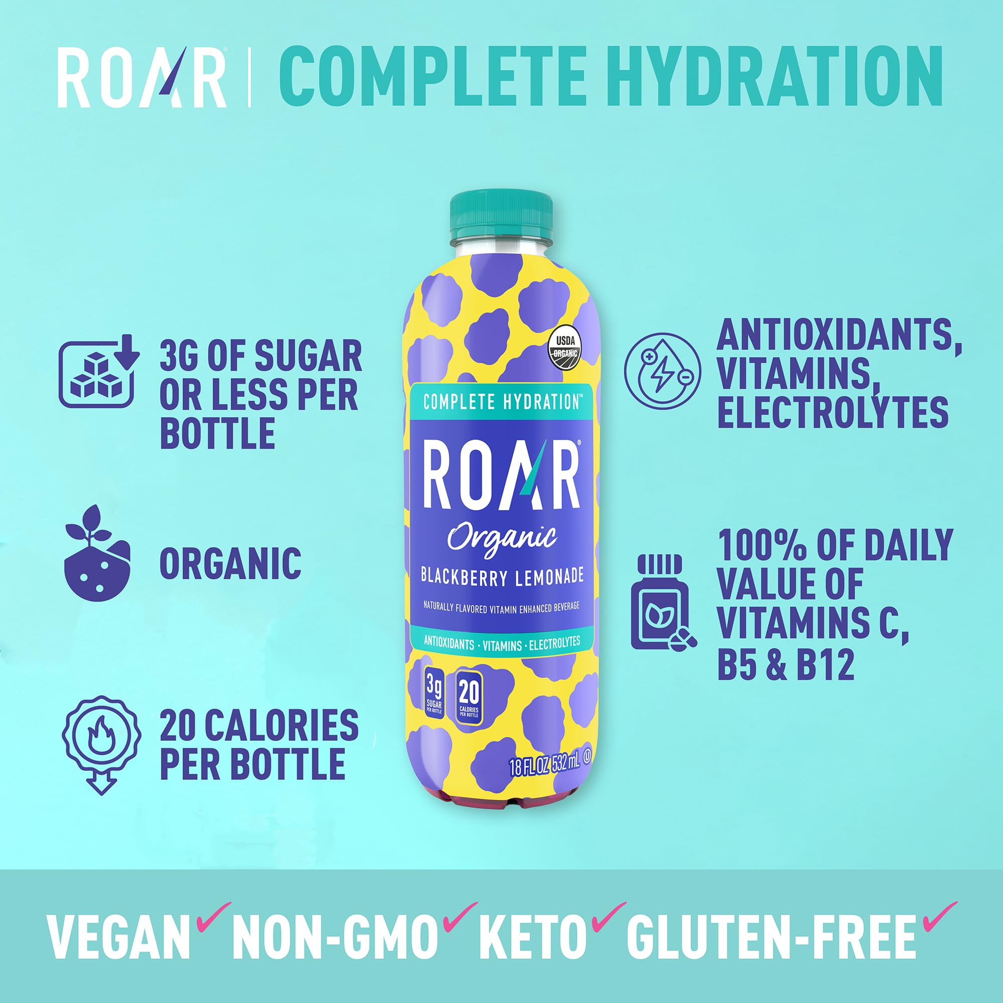 ROAR Organic coconut-water base bottle highlights natural hydration and refreshment.