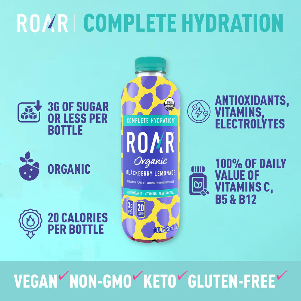 ROAR Organic coconut-water base bottle highlights natural hydration and refreshment.