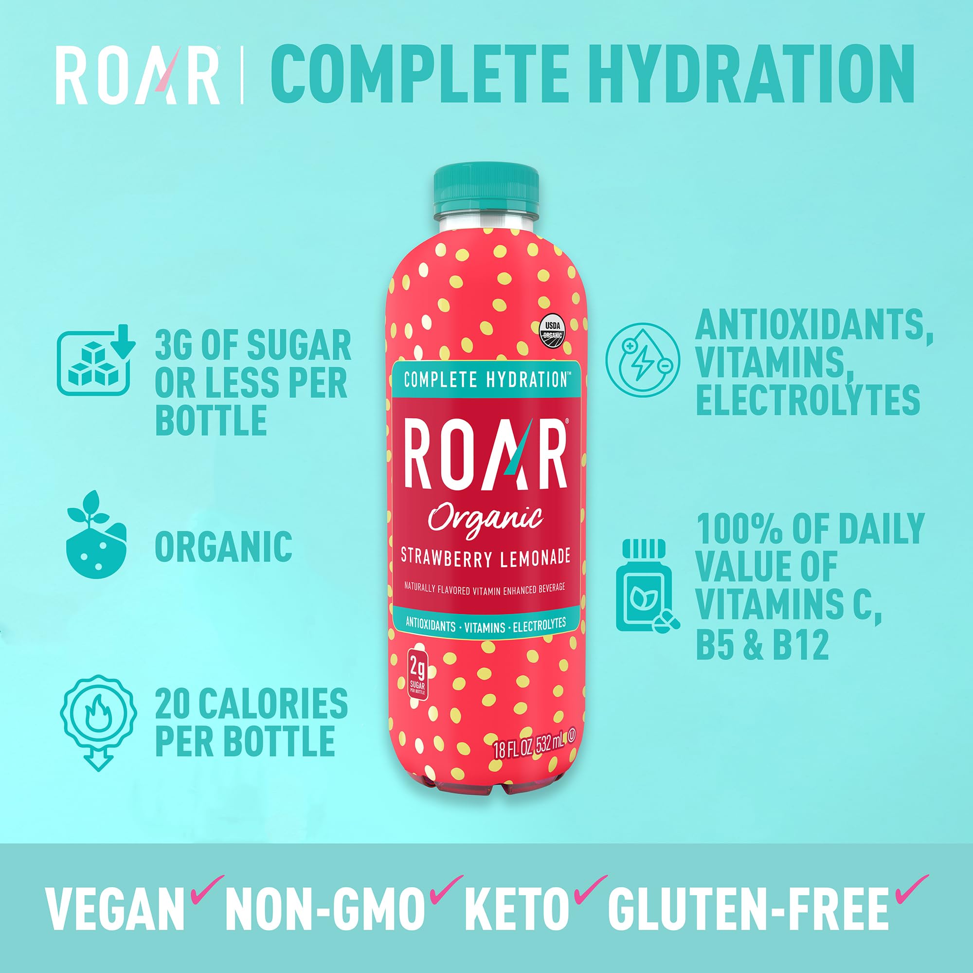 ROAR Organic Complete Hydration coconut-water base highlights natural electrolytes for daily refreshment