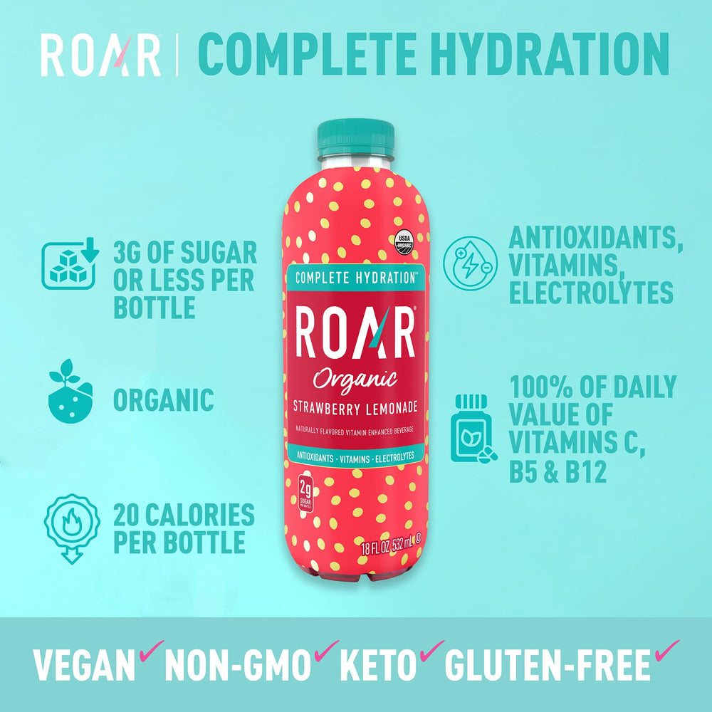 ROAR Organic Complete Hydration coconut-water base highlights natural electrolytes for daily refreshment
