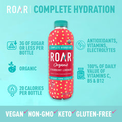 ROAR Organic Complete Hydration coconut-water base highlights natural electrolytes for daily refreshment