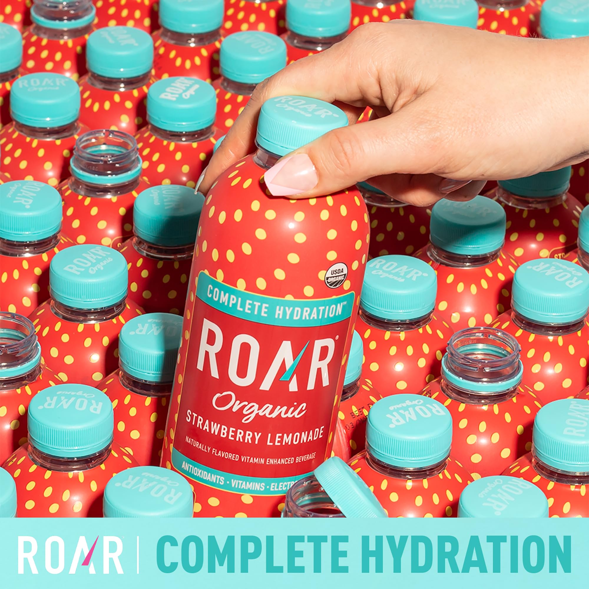 ROAR Organic Complete Hydration gluten-free non-GMO badge on label