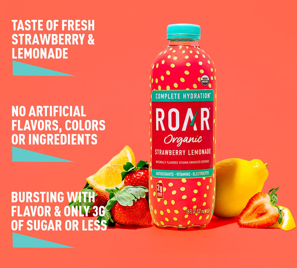 ROAR Organic Complete Hydration low-calorie beverage in a glass for guilt-free refreshment
