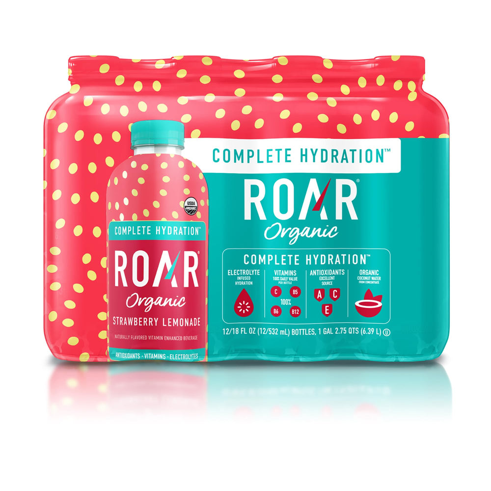 ROAR Organic Complete Hydration bottle with strawberry-lemonade flavor for quick post-workout refreshment
