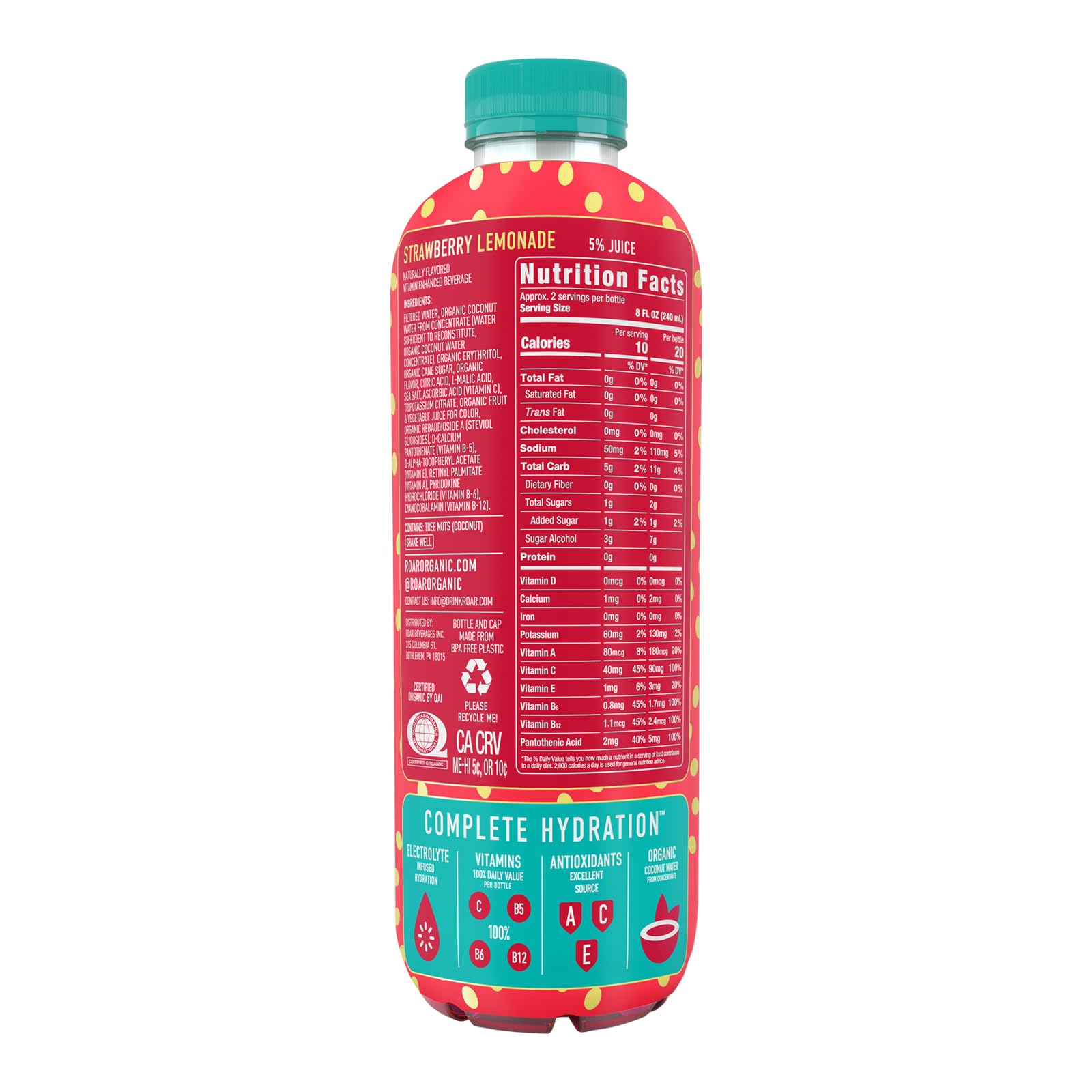 ROAR Organic Georgia peach bottle delivering fruity flavor and vitamin support.