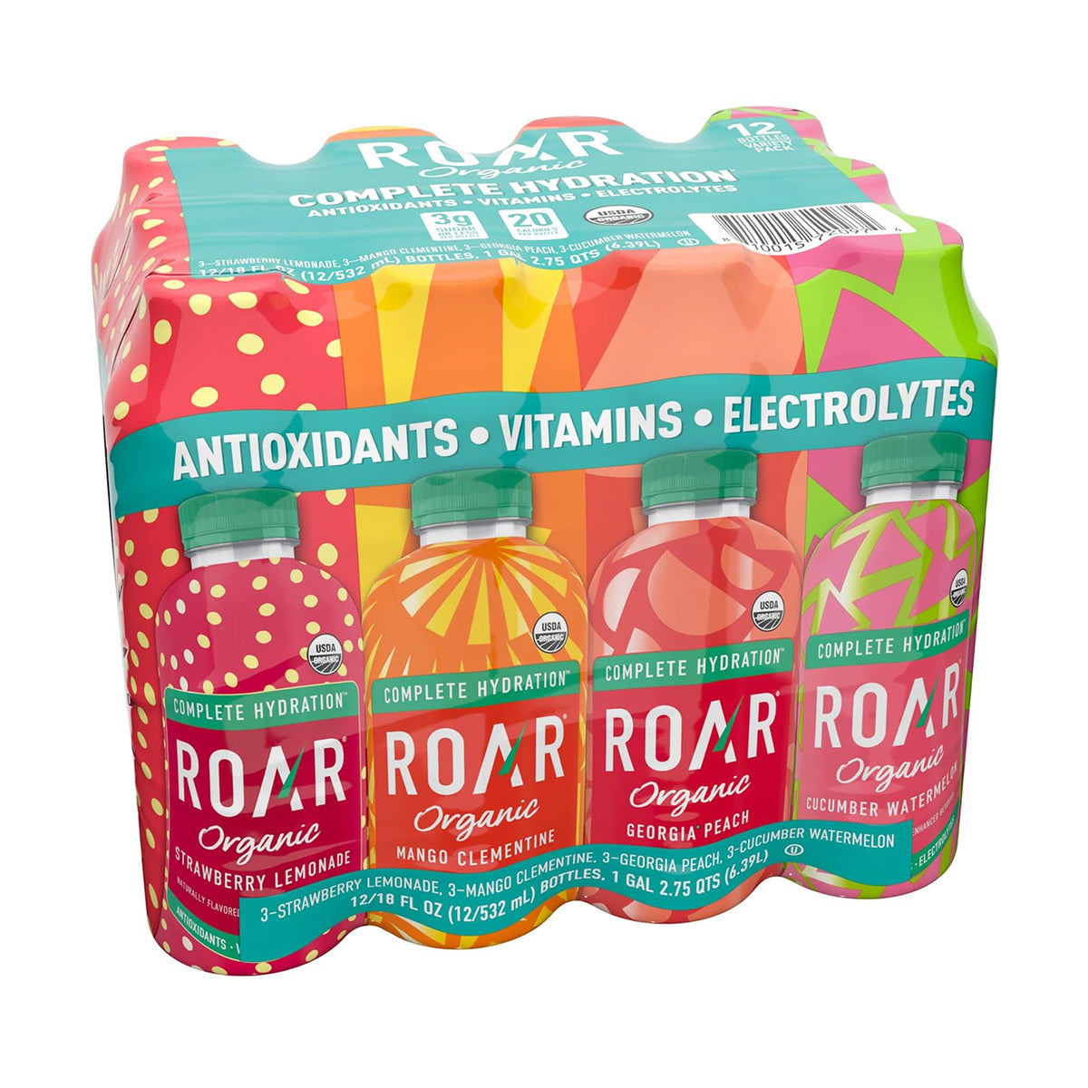 ROAR Organic strawberry lemonade bottle for refreshing hydration with vitamins.