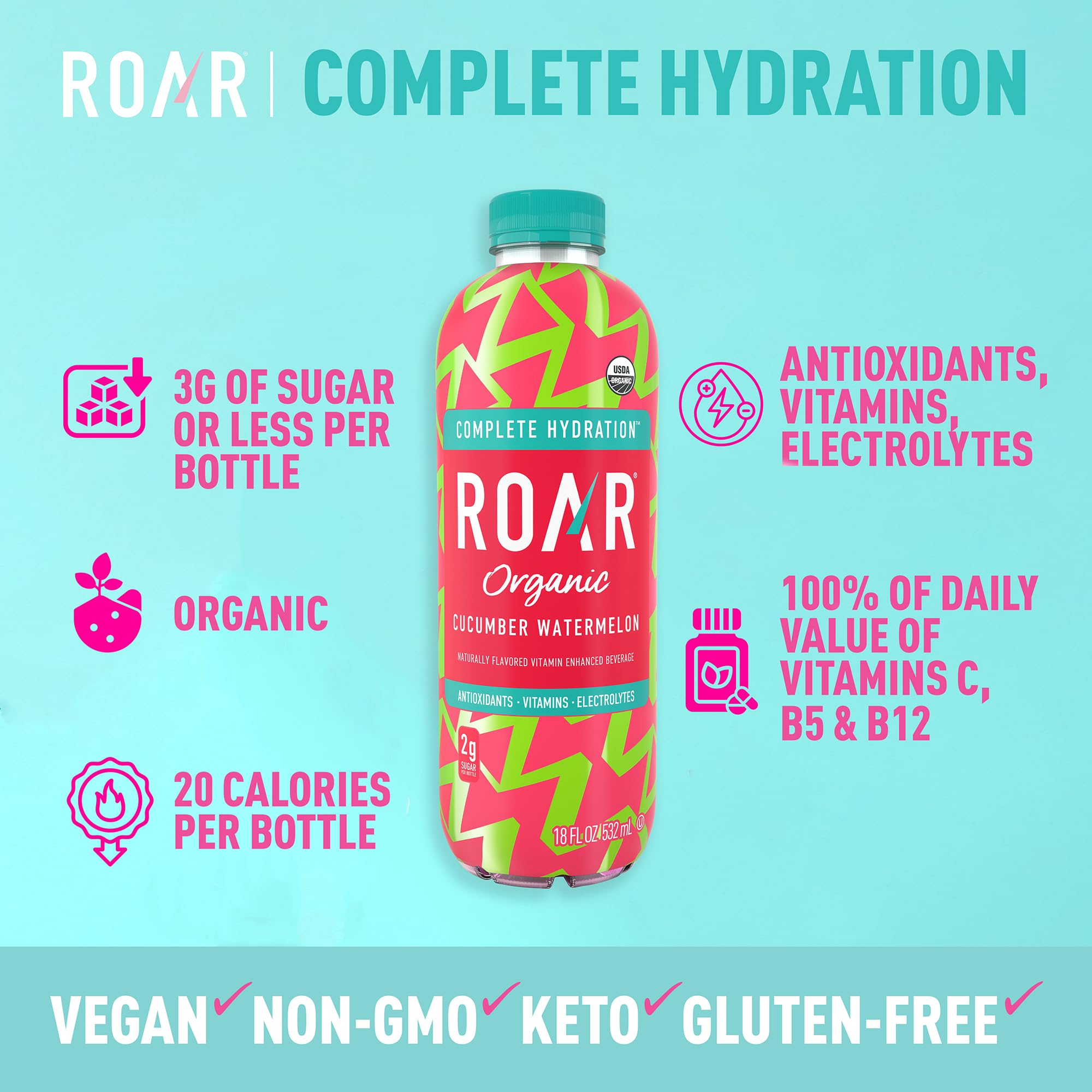 ROAR Organic Electrolyte Infusion antioxidants and B vitamins support daytime energy