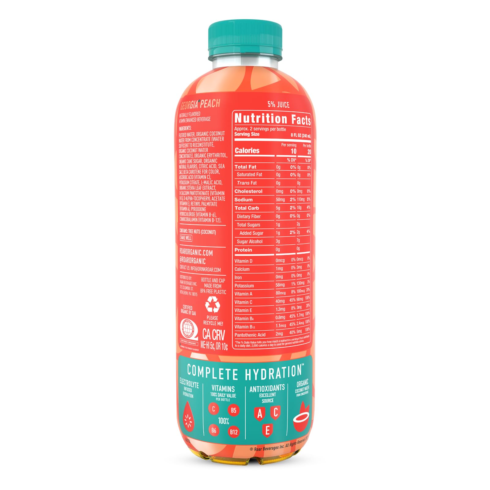 ROAR Organic low-sugar bottle emphasizing 2–3 g sugar per serving.