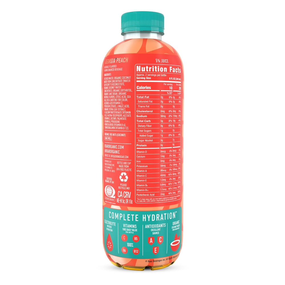 ROAR Organic low-sugar bottle emphasizing 2–3 g sugar per serving.
